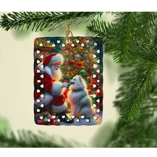 American Eskimo And Santa Claus Porcelain Ornament Christmas Tree Hanging Decorations For Home Christmas Holiday, Rectangle, Gift, Multicolor